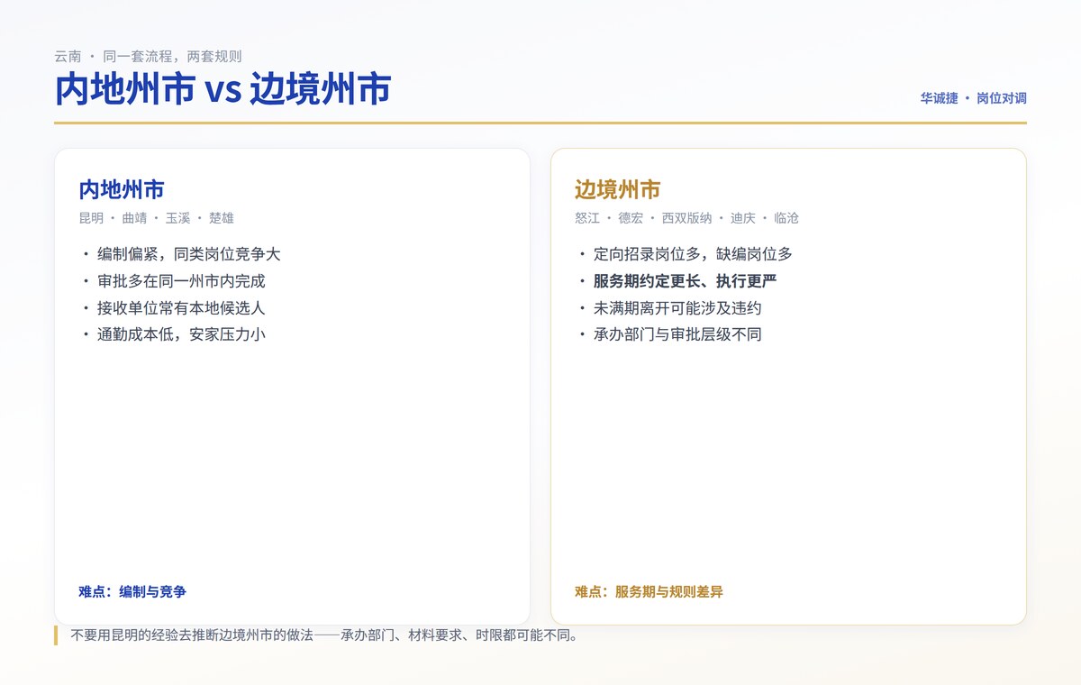 云南教师调动规则差异对照图：内地州市与边境州市在服务期、审批层级、接收条件上的不同